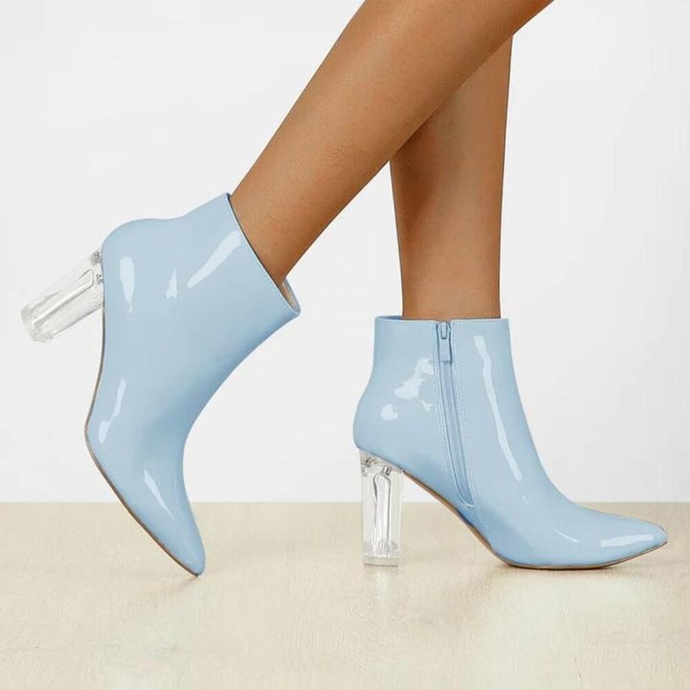 Allegra K Patent Leather Pointed Toe Clear Chunky Heel Ankle Boots